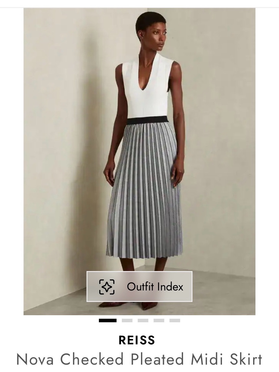 Nwt Reiss Grey Checked Pleated Midi Skirt With Black Waistband